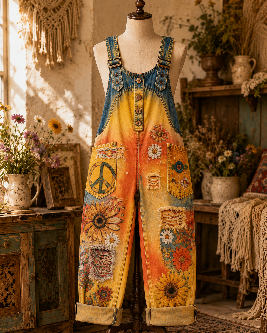 Women's Retro Style Art Print Washed Cotton Denim Patchwork Jumpsuit